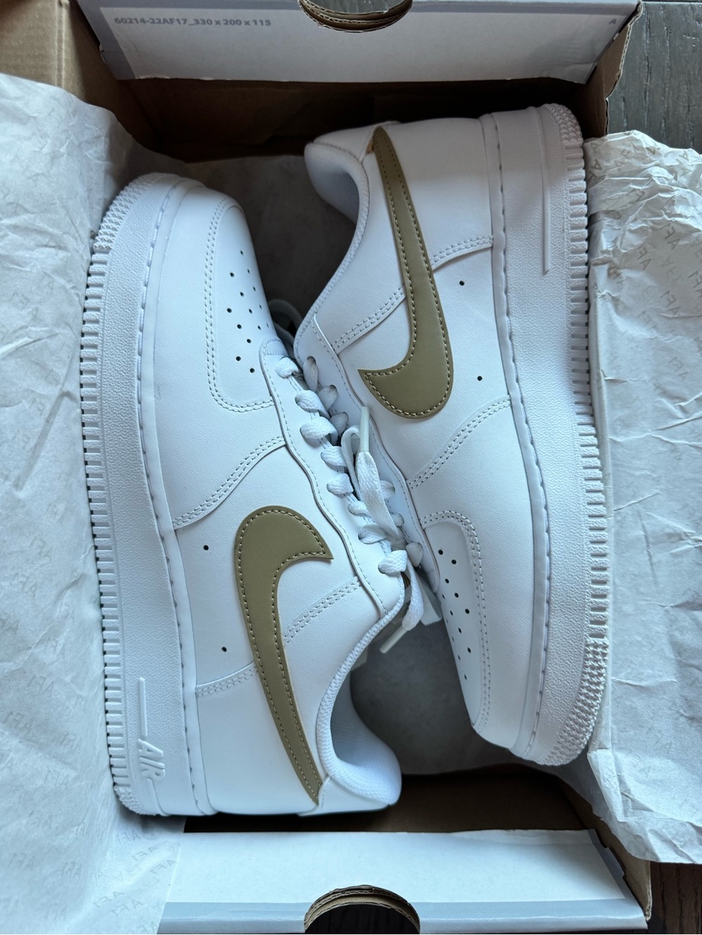 Nike AF1 White Sneakers with Gold Color Swoosh